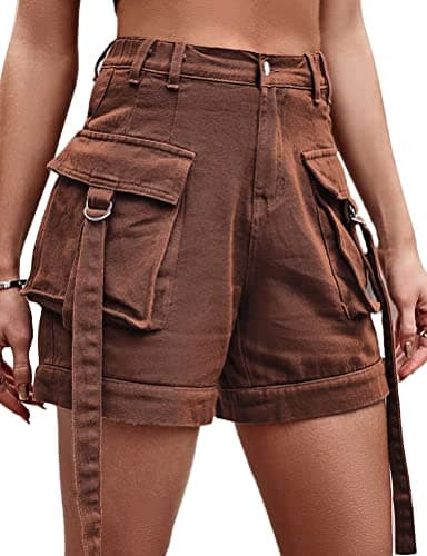 High Waist Baggy Cargo Denim Shorts with Pockets — Brown