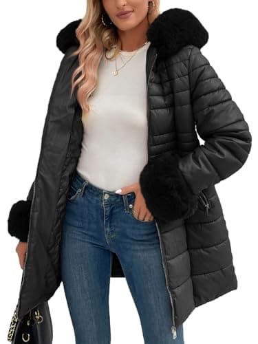 Bellivera Women's Winter Puffer Jacket with Removable Fur Collar — Black Faux Fur Hooded