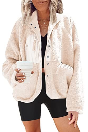 Nirovien Women's Fuzzy Fleece Button Down Sherpa Coat Winter Warm Coat — Beige