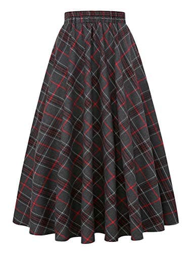 Women's Plaid A-line Midi Pleated Skirt — Dark Grey D39