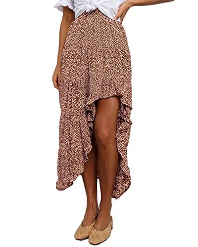 BTFBM Women's 2025 Summer Floral Print Elastic Waist High-Low Boho Maxi Skirt — Brick Red