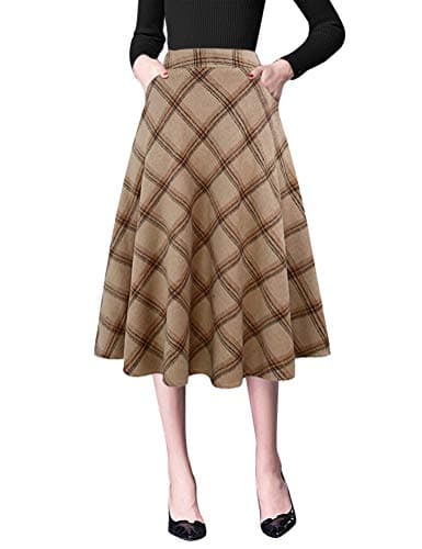 Women's High Waist Wool A-line Midi Skirt — Khaki