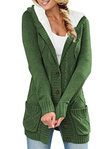 Sidefeel Women's Hooded Fleece Cardigan Winter Coat with Pockets — Hooded Green