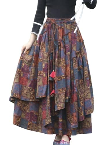 Womens Elastic Waist Retro Maxi Pleated Long Skirt — Print 611