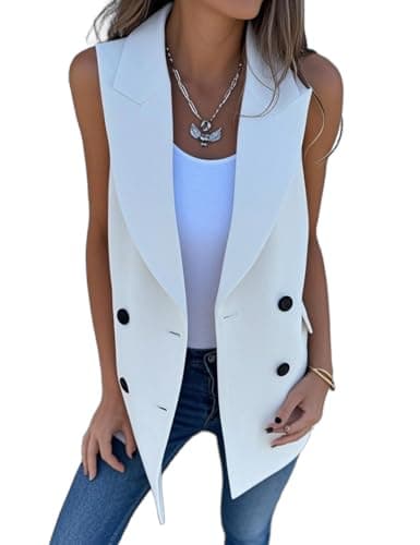 IDEALSANXUN Women's Long Double Breasted Sleeveless Blazer Jacket — White