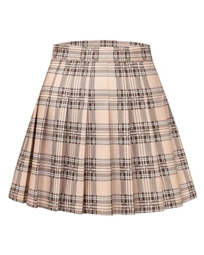 Shestellar Women's Comfortable High-Waist Pleated Mini Skirt — Khaki Plaid
