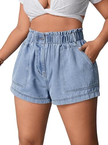 WDIRARA Women's Plus Size High-Waist Pleated Wide Leg Denim Shorts — Light Wash
