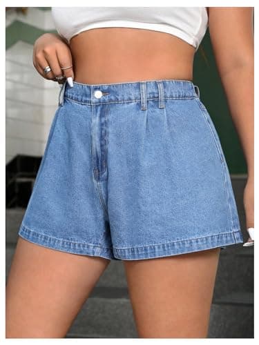 WDIRARA Women's Plus Size High-Waist Pleated Wide Leg Denim Shorts