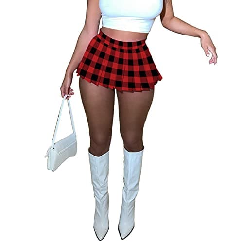HAOYUAN Women's Mini Pleated Stretchy Skater Skirt — Black Red Plaid