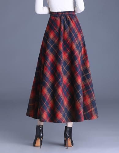 Biilyli Women's Plaid Wool Maxi Skirt with High Waist Elastic Waist