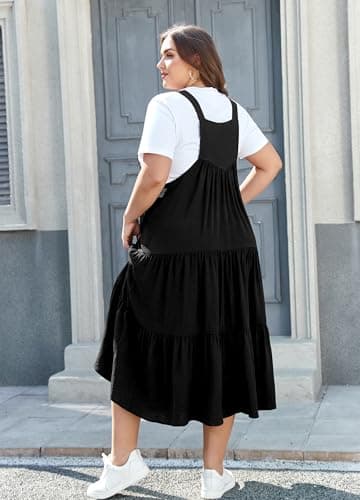 Moon Wood Plus Size Bib Overall Dress with Pockets Summer Casual