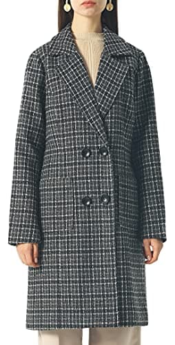 Chouyatou Women's Elegant Notched Collar Double Breasted Wool Blend Coat — Black-plaid