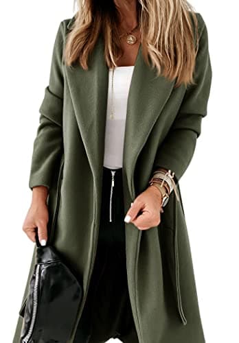 Ladiyo Women's Classic Open Front Belted Long Coat — Army Green