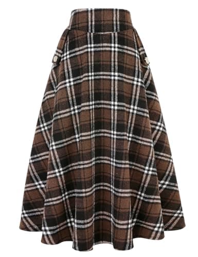 Women's High Waisted Wool Plaid A-line Skirt for Fall/Winter — Plaid Coffee