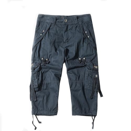AOYOG Men's 3/4 Cargo Shorts Relaxed Fit Cotton Capri Pants — Navy Blue