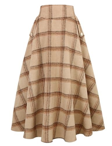 Women's High Waisted Wool Plaid A-line Skirt for Fall/Winter — Plaid Khaki