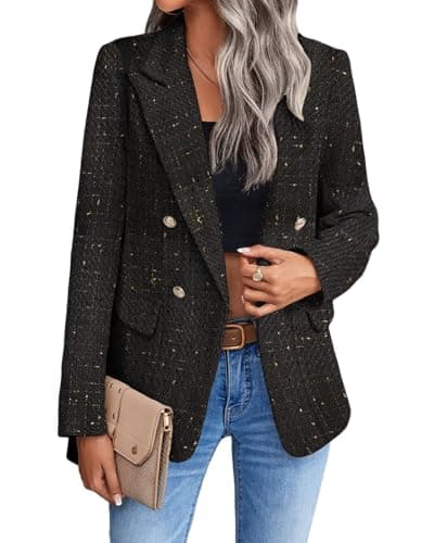 Mina Self 2025 Women's Spring Plaid Tweed Lapel Blazer Jacket with Pockets — 2-tweed/Black