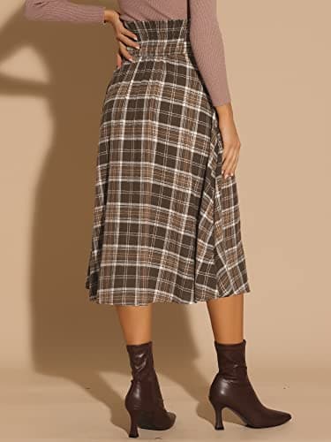 Allegra K Women's High Elastic Waist Tartan Midi Skirt