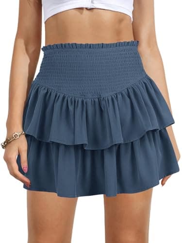Vigorics Women's High Waist Tiered Mini Skirt with Shorts — Gray Blue