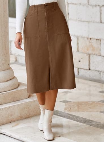 Happy Sailed Women's High Waist Split Corduroy Midi Skirt with Pockets