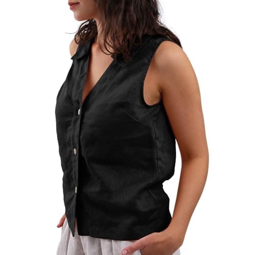 Amazhiyu Women's 100% Linen Slight Crop Button-Down Top