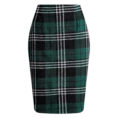 Womens High Waist Plaid Wool Bodycon Mini Skirt Slit — Dark Green Grid