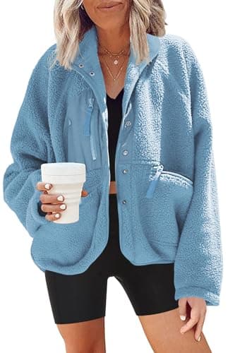 Nirovien Women's Fuzzy Fleece Button Down Sherpa Coat Winter Warm Coat — Blue