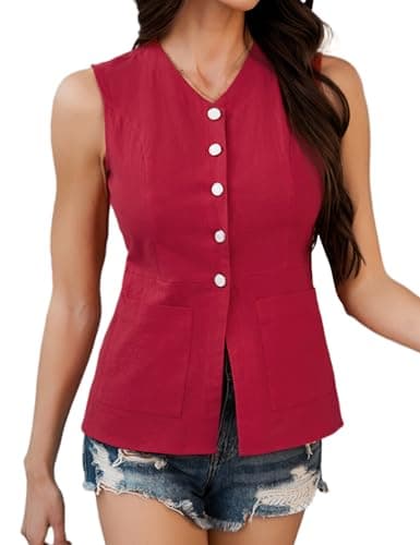ZILIN Women's Summer Sleeveless Linen Blazer Vest Casual Work Suit Tops — Red