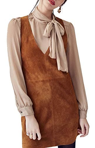 R.Vivimos Women's Fall Faux Suede V-Neck Overall Dress with Pockets — Brown