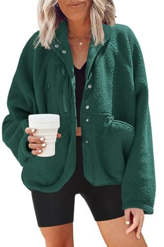 Nirovien Women's Fuzzy Fleece Button Down Sherpa Coat Winter Warm Coat — Teal Green