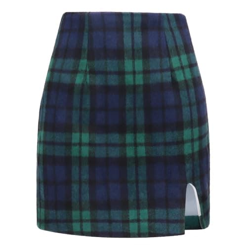 Ibeauti Women's High Waist Plaid Mini Pencil Skirt with Side Split — Deep Green