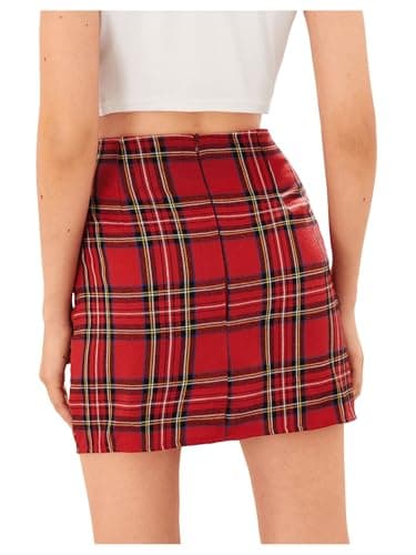 WDIRARA Women's High Waist Plaid Split Front Mini Bodycon Skirt