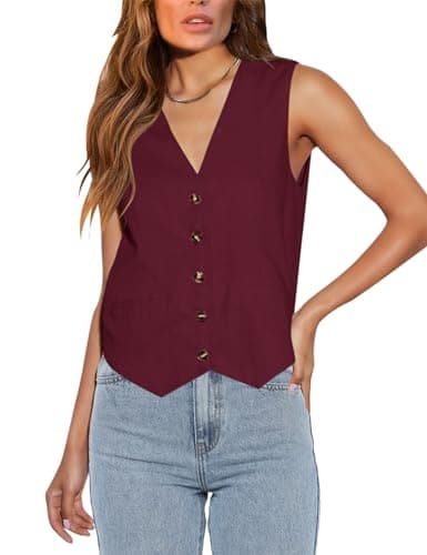 Floral Find Women's Casual Sleeveless V-Neck Business Vest with Pocket — Wine Red