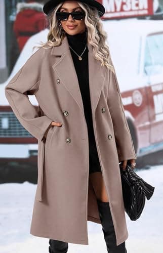 SAUKOLE Women's Trendy Double Breasted Wool Blend Pea Coat with Belt