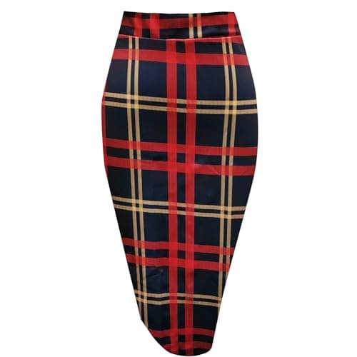 Topdress Women's High Waisted Elastic Pencil Skirt Knee Length Short with Slit — Red Plaid