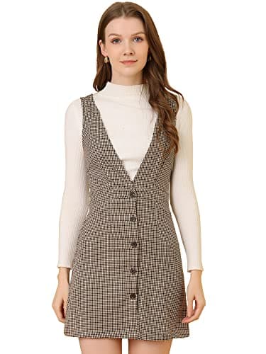 Women's Halloween Plaid Houndstooth Overalls Dress — Beige Brown