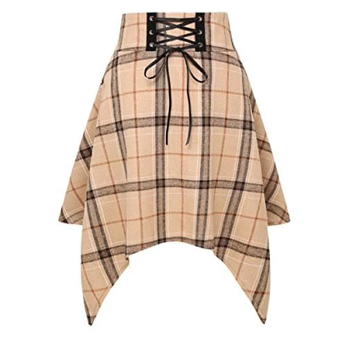 IDEALSANXUN High Waisted Plaid A-Line Asymmetrical Lace-Up Short Skirt for Women — Khaki