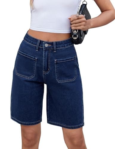 TOSATISFINE Women's High-Waisted Stretch Jean Shorts — Dark Blue-patch Pocket