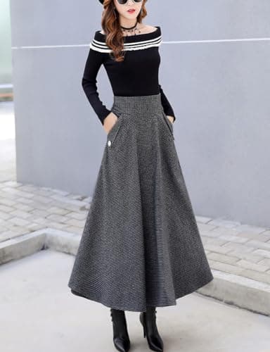 Chouyatou Women's Elegant Houndstooth Midi Wool Skirt with Pockets