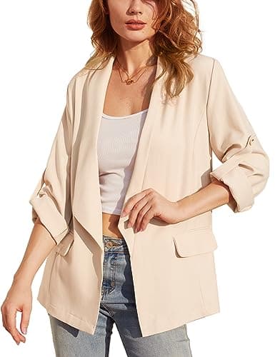 Women's Open Front Blazer Jackets with Pockets — #2-apricot