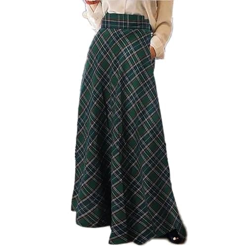 Sheface Women's High-Waist Plaid Pleated Maxi Skirt with Pockets — Green