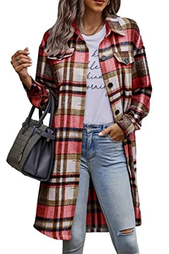 PrettyGarden Women's Plaid Shacket Long Sleeve Button Up Flannel Winter Coat — Red
