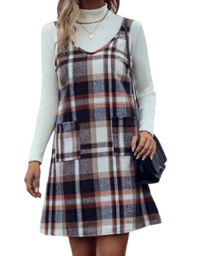 Sleeveless Plaid Overall Dress with Pockets for Women in Fall/Winter