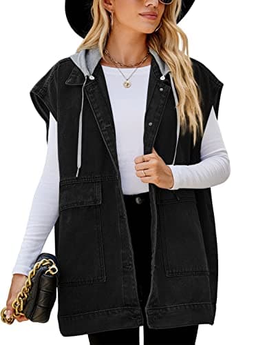 PAODIKUAI Women's Oversized Distressed Denim Vest Jackets — A-dark Balck Hood