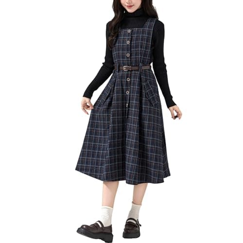 Cuteighteen Wool Midi Plaid Belted Dress with Pocket Fall Winter — Navy Blue