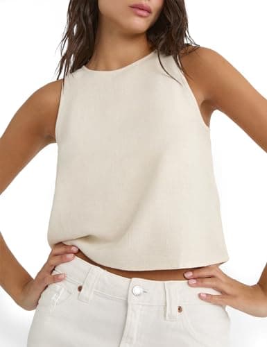 Womens Cotton Linen Tank Tops Summer Crop Vest Shirts — Beige