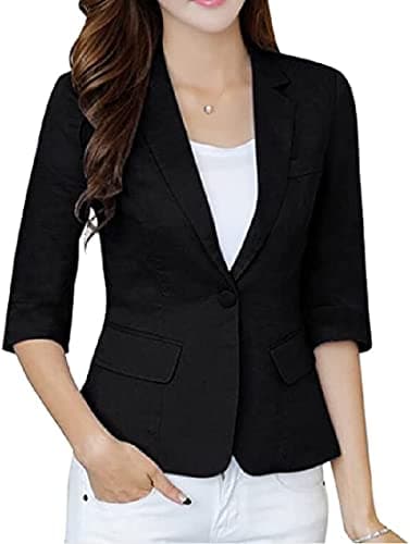 Jofemuho Women's Casual Solid Cotton Linen 3/4 Sleeve Short Work Blazer Jacket with Pocket — Black