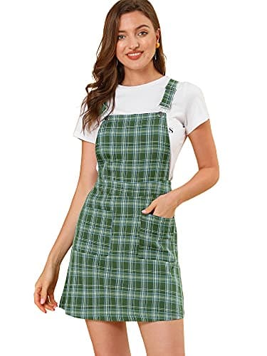 Women's Plaid Overall Dress with Adjustable Straps — Green-blue B