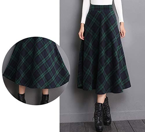 Tanming Women's Warm Wool Plaid A-Line Elastic Waist Long Skirt