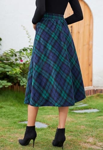 HERBATOMIA Women'sVintagePlaidMidiSkirtwithPocketWinterWarm